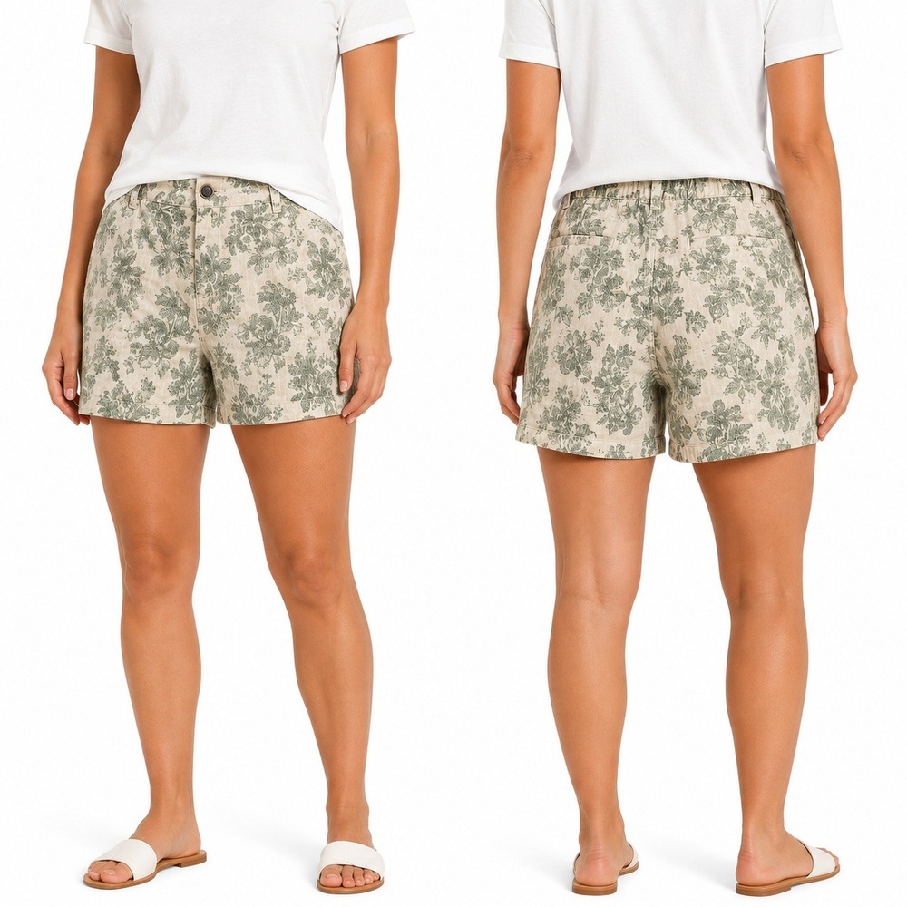 Murano Shorts Unisex 30 Green Floral Print Textured Tapistry Elastic Button